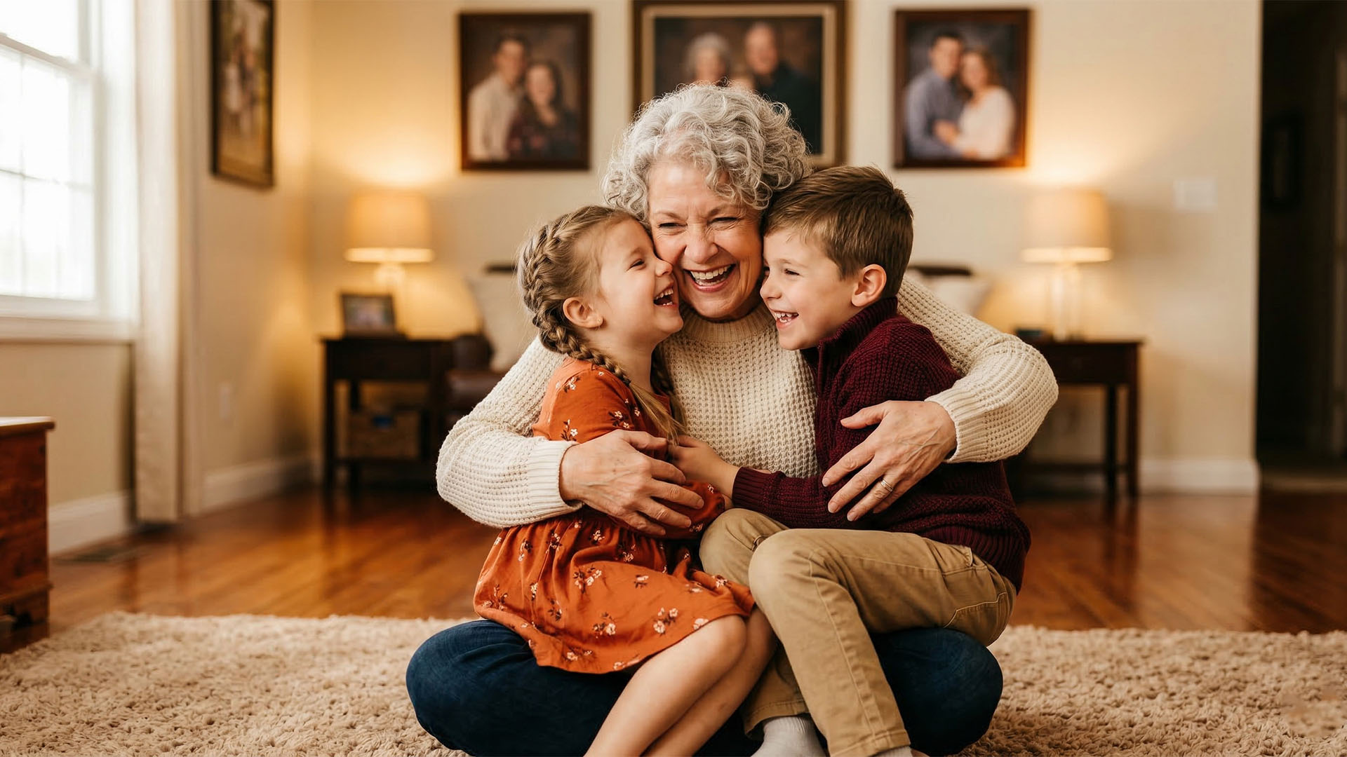 Grandmother joyfully embracing her grandchildren