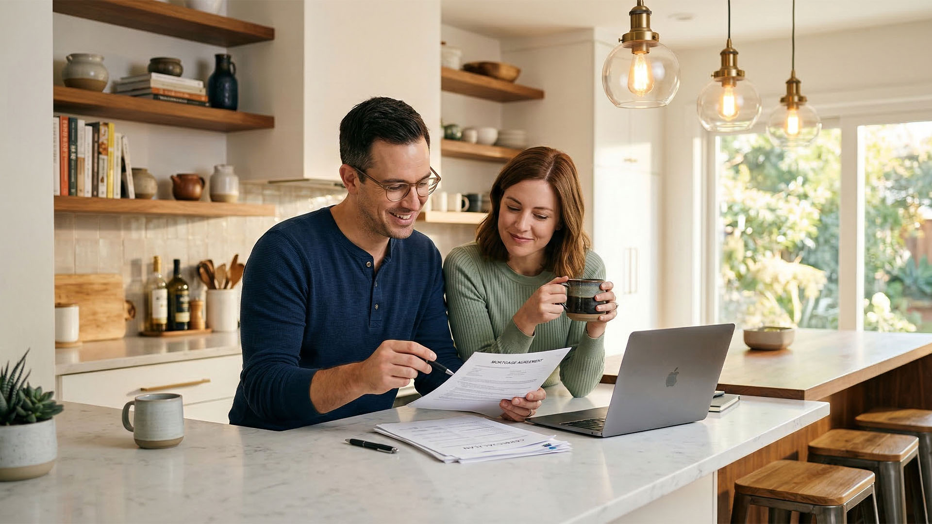 Mature couple reviewing financial documents together at their kitchen table